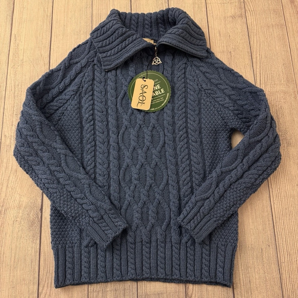 SAOL Ireland‎ Merino Wool Cable Knit Quarter Zip Sweater Blue Women's Size Small